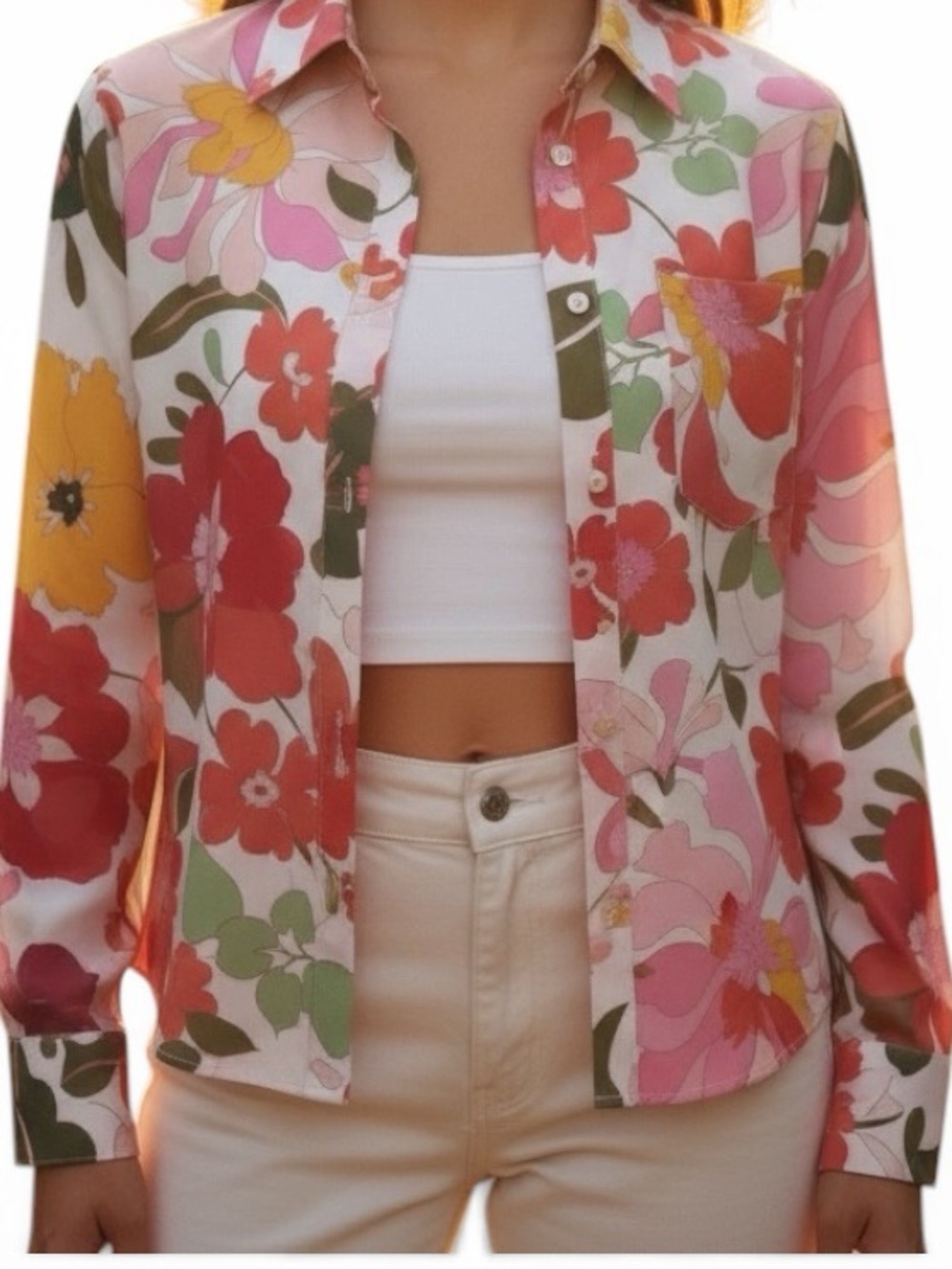 Zara floral print sheer button-down top Size L